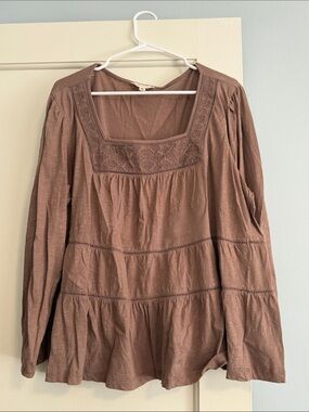 Lucky Brand Women's Mauve-Brown Embroidered Square-Neck Tunic